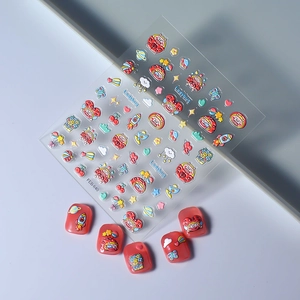 Cute cartoon ladybug and rocket 5D embossed nail art stickers with sample red nails