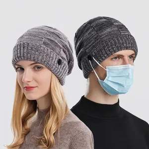 Knit Beanie Hat Acrylic Winter Warm Side Buttons For Mask Ear Protection Ribbed Slouchy Outdoor For Men Women