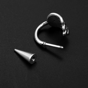 Punk silver stainless steel horseshoe earring with wing relief and detachable spike
