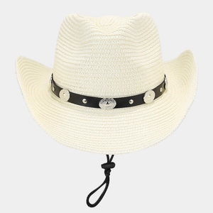Detail of cream straw cowboy hat with silver concho studs and adjustable chin cord