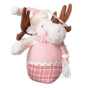 Pink plush reindeer ornament with knitted hat and scarf for Christmas tree decoration