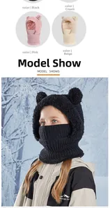 Detail of kids winter hooded scarf with bear ears and warm fleece lining in four colors