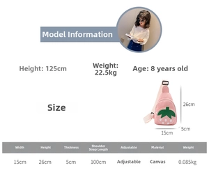 Detailed size guide for rabbit canvas chest bag featuring dimensions and model display