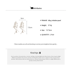 Detailed size chart showing long tassel pearl earrings measuring 7.5x3cm in silver