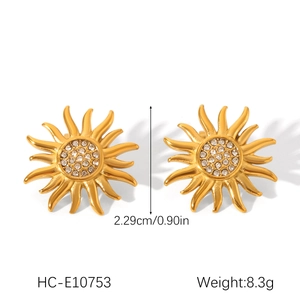 Detail view of 18K gold plated sunflower earrings with zircon stones and dimensions