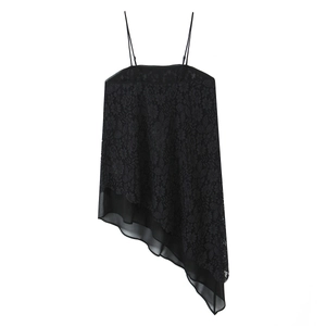 Canotta casual in pizzo nero da donna con orlo lungo asimmetrico dal design unico