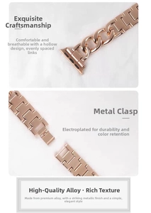 Detail of rose gold metal chain watch band featuring a Cuban link and H-shaped structure