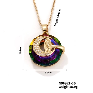 Rainbow crystal Virgin Mary pendant necklace details with size labels and dimensions
