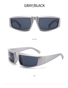 Front and side views of punk Y2K silver wraparound sunglasses with gray matte frames