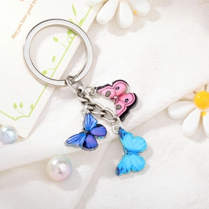 Detail of alloy butterfly keychain with colorful drip oil pendants on a floral background