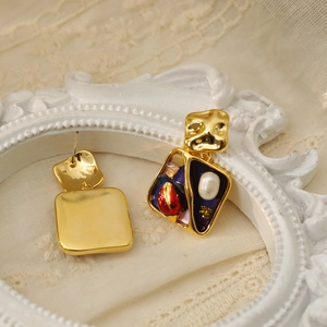 Französische Vintage-Goldohrringe mit buntem Emaille-Ölgemälde-Design im luxuriösen Stil