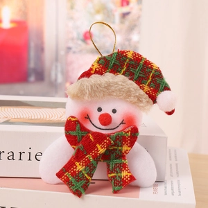 Close-up of a plush snowman ornament with red and green plaid hat and scarf details