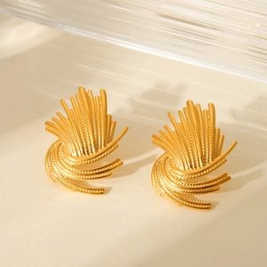 Golden fireworks-shaped stainless steel earrings with textured fan design for women