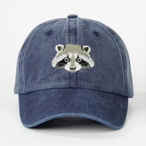 Navy blue washed cotton baseball cap featuring detailed raccoon embroidery for men and women