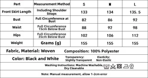 Size chart and fabric details for V-neck lace slip dress with measurement guidelines