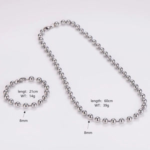 Silver stainless steel bead chain jewelry set with size and weight specifications