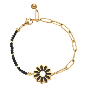 Bohemian daisy stainless steel bracelet with gold chain and black multifaceted beads