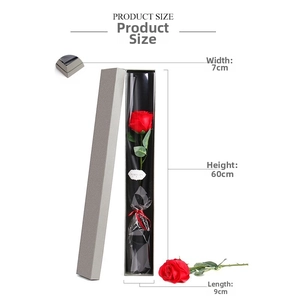 Detail of red soap flower gift box measuring 60cm by 7cm with elegant grey packaging