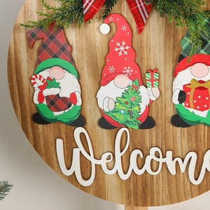 Christmas wooden welcome sign with festive Rudolph gnomes and red plaid bow