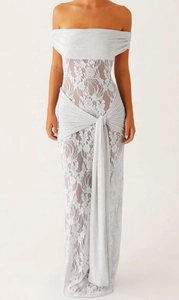 Detail of silver-grey lace dress with off-shoulder neckline and knotted waist drapery