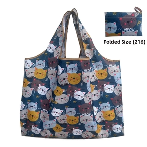 Foldable navy blue oxford shopping bag with cat prints showing expanded and folded states