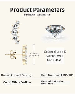 Detail view of S925 silver moissanite earrings with D VVS1 3ex stones and dimensions