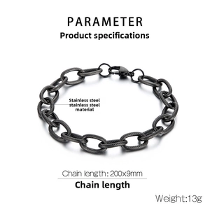 Macro detail of 9mm wide black stainless steel cable chain bracelet for men and women