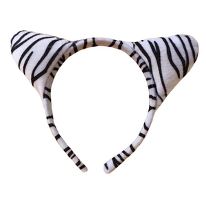Detail view of zebra print plush cat ear headband for cosplay and themed parties