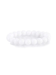 Close-up of polished 8mm white agate beaded elastic bracelet with smooth milky texture