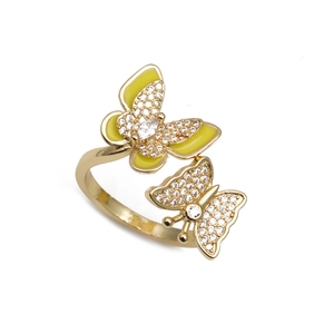 Adjustable golden ring with two butterflies featuring yellow enamel and sparkling cubic zirconia