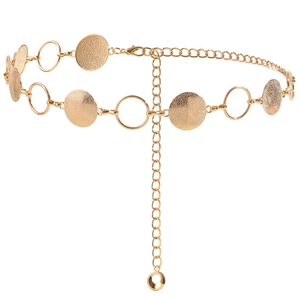 Golden round metal disc link waist chain belt for dresses and beach wear on white background