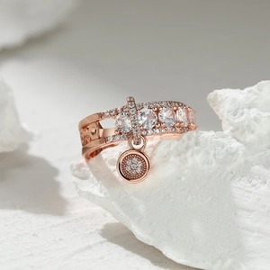 Elegant Copper Zircon Ring For Women With Round Disc Dangle Pendant And Inlaid Geometric Pattern Jewelry Gift