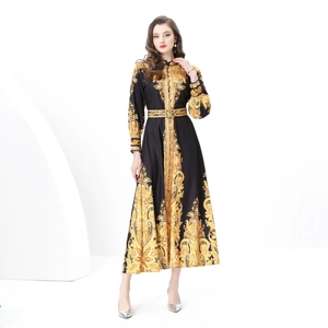 Vintage baroque print maxi dress with stand collar and waist belt in luxury satin fabric