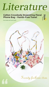 Dettaglio di quattro borse a tracolla in cotone a fiori con chiusura a coulisse