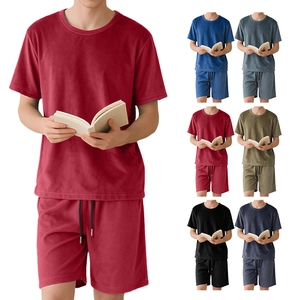 Mens Crew Neck Short Sleeve T-Shirt And Drawstring Shorts Velvet Texture Casual Summer Loungewear Pockets