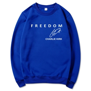 Detail of royal blue M-size sweatshirt with white FREEDOM text and signature print