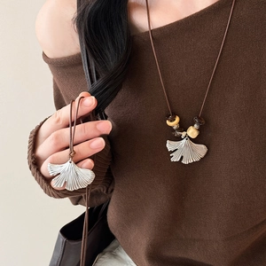 Stainless Steel Ginkgo Leaf Pendant Necklace With Wooden Beads Brown Wax Rope Chain Retro Niche Jewelry For Women