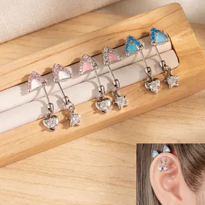 Cat Ear Cartilage Stud Titanium Alloy Stainless Steel Piercing Jewelry Cubic Zirconia Heart Star Pendant Dangle