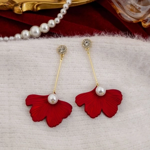 Elegant gold long drop earrings with red leaf petals, white pearls and sparkling crystals