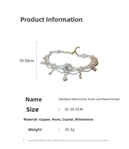 Detail view of pearl and crystal flower necklace with 32-39.5cm size specifications