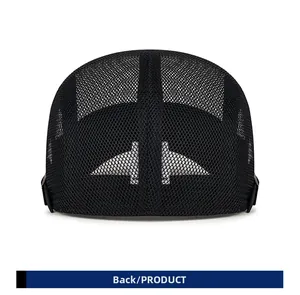 Back view of a breathable black mesh beret with an adjustable side strap buckle