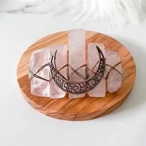 Natural rose quartz moon hair clip with handmade crystals and vintage copper moon