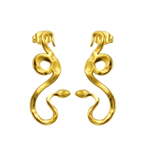 Close-up of gold-plated stainless steel snake earrings featuring a polished spiral design