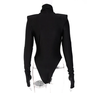 Rear view of black high-neck bodysuit with padded shoulders and long thumbhole sleeves