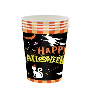 Halloween party paper cups featuring black witch silhouette and pumpkin lanterns