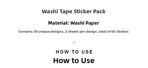 Detail showing specifications of vintage washi stickers set with 60 pieces in 30 patterns