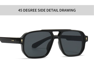 Detailed 45-degree side view of black bold frame sunglasses with gold arrow rivets