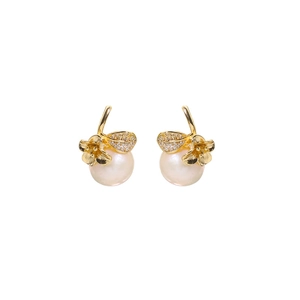 Elegant natural freshwater pearl stud earrings with zircon flower and golden leaf design