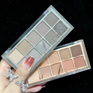 Close-up of 10-color eyeshadow palettes in matte earthy and cool grey-brown tones