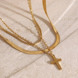 Three-layer gold stainless steel necklace set with cross pendant and snake chain